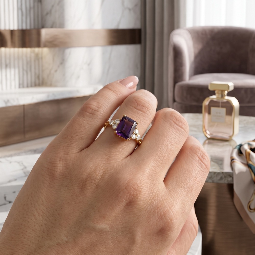 Women's Ring Size 9.5 Purple Emerald Cut Cocktail Gold Tone Infinity Band